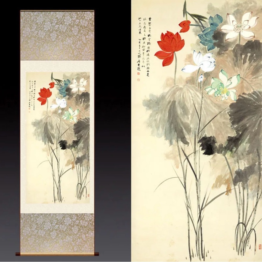 Chinese Silk Scroll Painting by Zhang Da Qian lotus Home Decoration(张大千五色荷花）